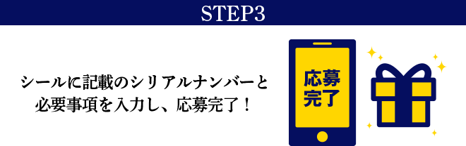 STEP3 シールに記載のシリアルナンバーと必要事項を入力し、応募完了！
