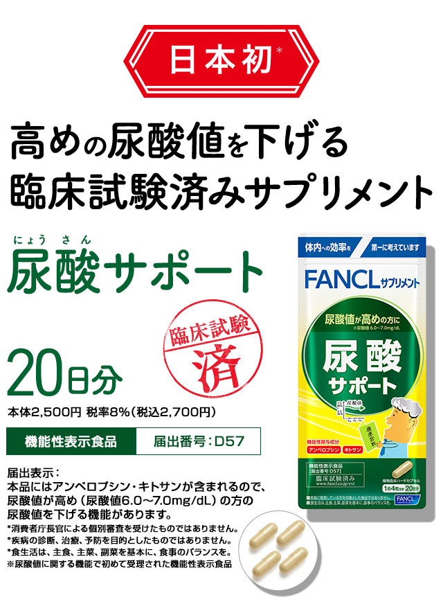 日本初！高めの尿酸値を下げる臨床試験済みサプリメント「尿酸サポート」