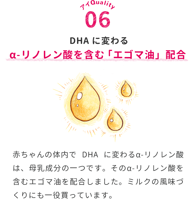 DHA に変わるα-リノレン酸を含む「エゴマ油」配合　赤ちゃんの体内で DHA に変わるα-リノレン酸は、母乳成分の一つです。そのα-リノレン酸を含むエゴマ油を配合しました。ミルクの風味づくりにも一役買っています。