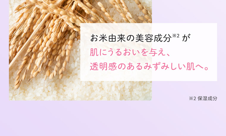 お米由来の美容成分が肌にうるおいを与え、透明感のあるみずみずしい肌へ。